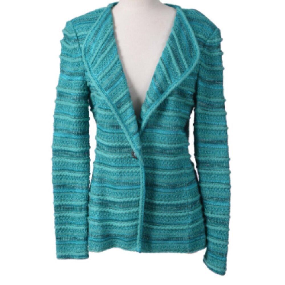 ST. JOHN COUTURE MULTI-THREAD TEAL/GREEN/TURQUOISE KNIT ONE BUTTON JACKET SZ 12